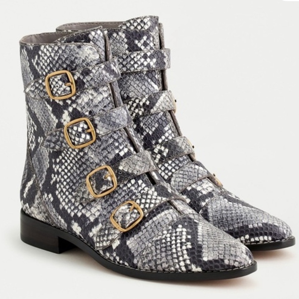 NWOT J. Crew Multi-Buckle Snakeskin Ankle Boots